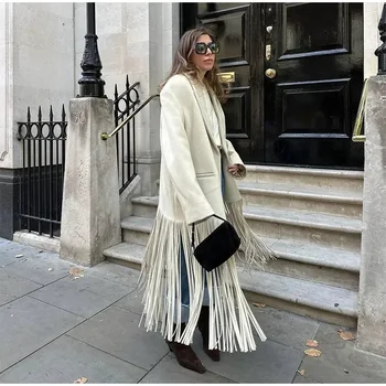 Модни жени пискюл вълнени смеси палто 2023 есен твърди ревера пълен ръкав джобни палта шик топло женско улично облекло палта