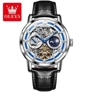OLEVS 6670 Автоматичен механичен часовник за човек скелет маховик дизайн светещи ръце водоустойчива кожа топ марка Reloj Hombre