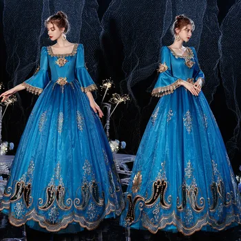 нов Ново езеро синьо ретро изпълнение Британска принцеса средновековна рокля Ренесансова бална рокля Рокля