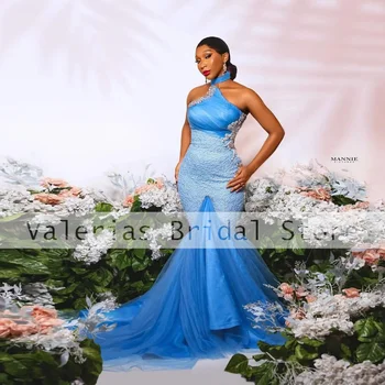 Светло синя русалка Абитуриентска рокля Aso Ebi Африканско високо деколте Sleevless Beaded Официална парти вечерна рокля Апликации Vestidos de Novia