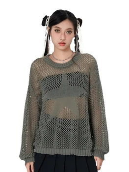Винтидж-вдъхновен дамски извънгабаритен графичен пуловер пуловер с дълги ръкави и обло деколте - уютен трикотаж за Harajuku
