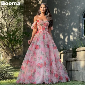 Booma отпечатани шифон абитуриентски рокли от рамото дълги вечерни рокли за сватбено тържество плисе A-линия Homecoming рокля дантела нагоре