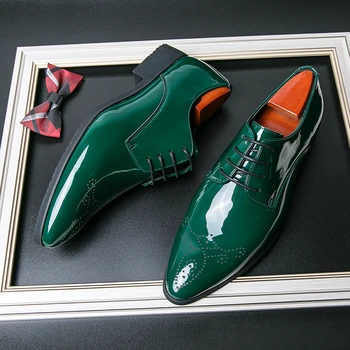 Мъже огледало лицето Oxfords обувки луксозен дизайн официални обувки зелен лачена кожа заострени обувки дантела нагоре бизнес рокля високо качество