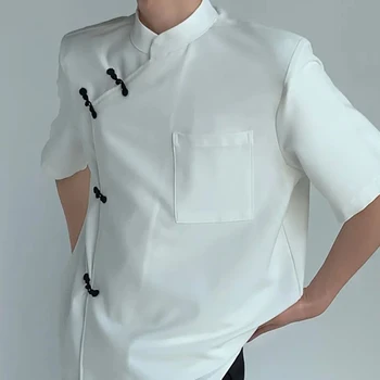 Мъжки нередовни нов китайски стил диск бутон къс ръкав риза лятна мода мъж мода случайни блуза Поло върховете Tee