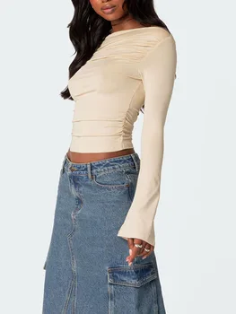 Дамска тениска Дълъг ръкав Off-раменете върхове нагънат Solid Slim Fit Дамски Clubwear