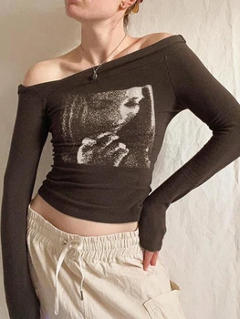 Off рамо дълъг ръкав T риза американски уличен портрет печат диагонал яка Crop Top мода тениска Femme 2023 дрехи