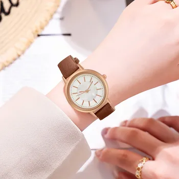 Прости жени часовници луксозен дизайн кожа часовник дами кварцов ръчен часовник дамски малки кръгли набиране часовник Reloj Mujer