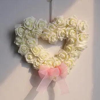 Универсален венец Реалистичен венец от розово цвете с лък-възел за сватбено тържество Любовно сърце Декорация на входната врата за дома