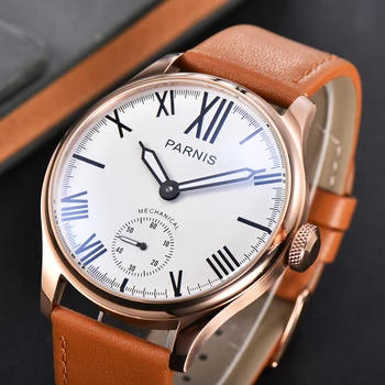 Fashion Parnis 44mm розово злато ръчно навиване механични мъжки часовници кожена каишка ръка вятър водоустойчив часовник за мъже reloj hombre