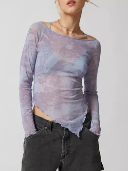 Y2k естетически дрехи за жени дълъг ръкав мрежеста риза асиметрично отпечатани основни върхове ежедневни тройници улично облекло