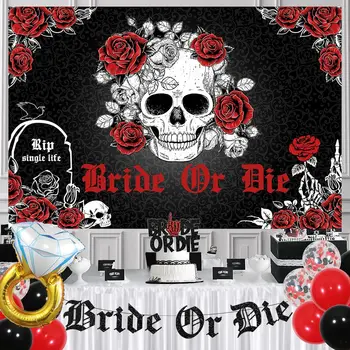 Bride or Die Bachelorette Party Decorations, Skull Backdrop, Banner Sash, Black and Red Balloon, Diamond Ring for Girl, Bridal S