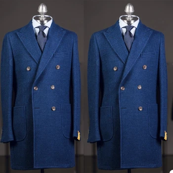 2023 Дълго синьо яке само яке връх ревера туид официален смокинг костюм официална вечеря парти абитуриентски бизнес мъже костюм
