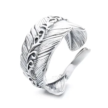 708FJ ZFSILVER Silver S925 мода модерен регулируем ретро свеж класически луксозен перо пръстен за мъже жени сватбено парти бижута