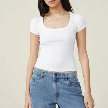 Секси квадратен врат изложен пъп дамска тениска тънък къс ръкав тениска нишка трикотажни топ мода лято нов стил