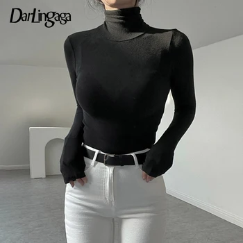 Darlingaga Casual Basic Tight Turtle T-shirt Women Long Sleeve Solid Autumn Tee Shirt Cotton All-Match Tops Winter Clothes