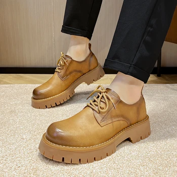 Ръчно изработени мъжки обувки дантела нагоре кожени ежедневни обувки за мъже Плоска платформа обувки за ходене Външни обувки мокасини Дишащи маратонки