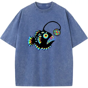 Цветна дълбоководен фенер риба тениска с къс ръкав 230 грама висококачествени измити стари тениски реколта цветни мъжки тениски