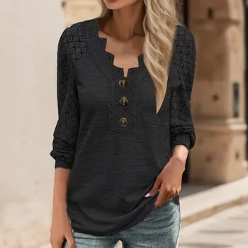 2024 Нова дамска пролет удобна блуза случайни дълъг ръкав V врата пуловер тениска мода пачуърк деколте бутон отгоре