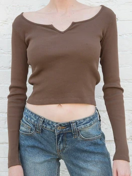 Реколта кафяво V деколте оребрени тениски жени 2023 есенни ежедневни меки памучни тениски с дълъг ръкав женски Harajuku твърди Y2k изрязване отгоре