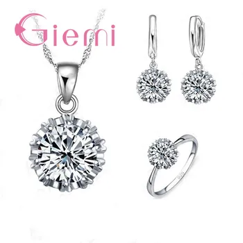 Luxury 925 стерлинги сребърни сватбени бижута комплекти модерен лъскав кръг цирконий кристал обица & Колие & пръстени хубав подарък
