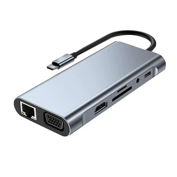 11 в 1 USB C HUB Dock станция с 4K HDMI-съвместима, VGA, USB3.0, RJ45 Ethernet, SD / TF четец на карти за MacBook Pro