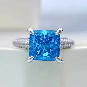 S925 Сребърен син високовъглероден диамантен пръстен Цяло тяло S925 инкрустиран 8 * 8 европейски и американски лек луксозен дамски пръстен на едро