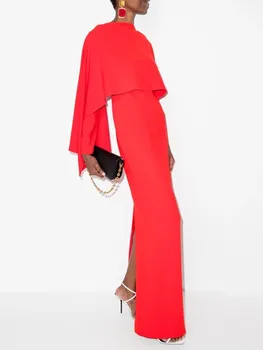 Елегантни дълги червени креп вечерни рокли с ръкави فساتين سهرة обвивка етаж дължина цепка абитуриентски рокли за жени