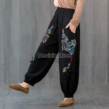 2024 есен зима китайски панталони дамски етнически стил бродирани фенер панталони висока талия широк крак универсален дълги панталони