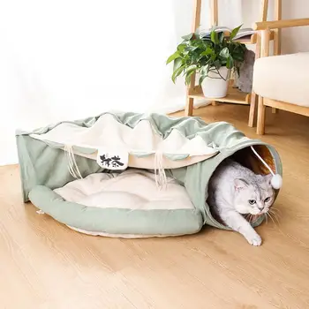 Cat тунел легло 2 в 1 вътрешен сгъваем котка игра тунел тръба интерактивни котка скривалище играят играчки с подвижни миещи се мат