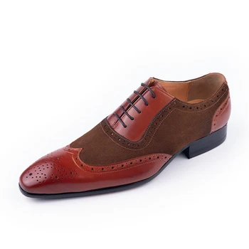 Нови мъже Brogue обувки кафяв заострени пръсти дантела нагоре страна бизнес обувки кожа ръчно изработени мъжки рокля обувки безплатна доставка размер 39-50