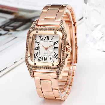 Висококачествена мода розово злато дами случайни неръждаема стомана бизнес кварцов часовник студент дами площад водоустойчив часовник ретро
