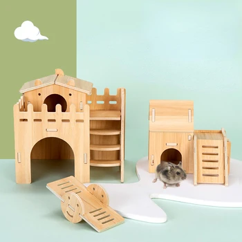 Pet Hamsters House DIY Дървени Gerbil Hideout Bridge Swing и Chinchilla Seesaw Pet Sport Комплект играчки за упражнения Аксесоари за клетки