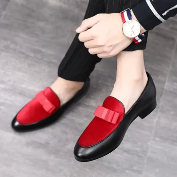 2023 Рокля обувки Мъже Пу Шевове Заострени обувки Лък приплъзване на класически моден бизнес мокасини Сватбени обувки Zapatos Hombre