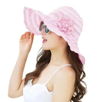 Anti-UV ярък цвят слънце капачка сгъваема цвете Bowknot декор широка периферия жени плаж шапка модни аксесоари шапка женская