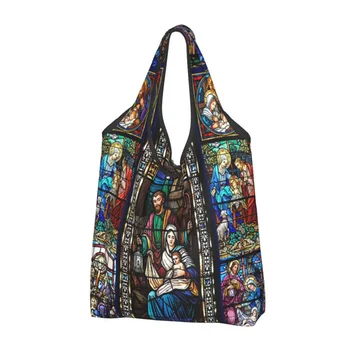 За многократна употреба Исус Дева Мария хранителни чанти рециклиране сгъваем християнски бог благослови пазаруване екологичен чанта миещи се побира в джоба