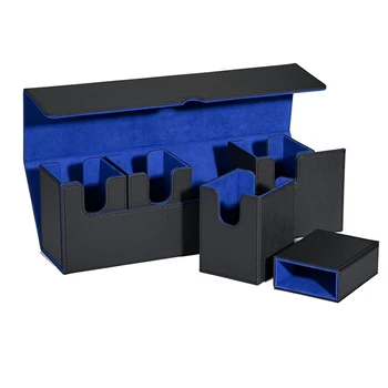 1 Кутия за съхранение на карти с тава Черна & Синя PU Топ странично зареждане палуба случай игра карти кутия