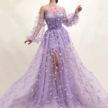 Романтични абитуриентски рокли 2024 Елегантна вечерна рокля A-Line рокли с високо деколте Цветни украсяват халати Дълги буфан ръкави Vestidos De Gala