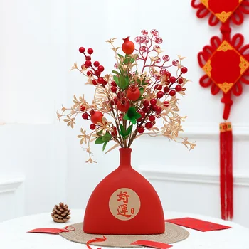 1SET (2PCS) Китайска Нова Година Декорация на дома Симулация Клони от нар + Вази