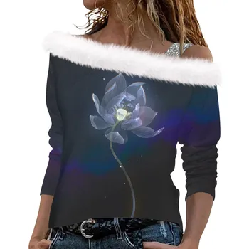 Дамски блузи с дълъг ръкав Модни дамски хлабав коледно дърво печат на рамото пуловер дамска модна блуза 2023 T
