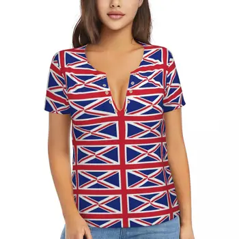 Жена T риза плаж британски знамена тениска реколта флаг реколта т ризи секси къс ръкав дълбоко V врата дизайн извънгабаритни върховете