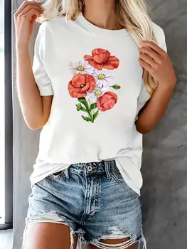 Tee жени Топ къс ръкав отпечатани T риза облекло женски сладки 90s стил сладък цвете мода случайни дрехи графични тениски