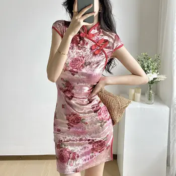 Секси кадифе розова роза отпечатани къси ръкави мини Cheongsam рокля китайски стил облекло за жени реколта нощен клуб рокля Qipao