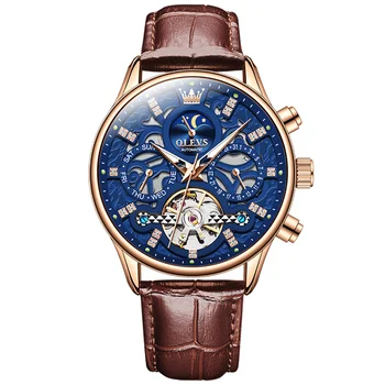 OLEVS Топ марка мъжки часовници Моден скелет Tourbillon Автоматичен механичен ръчен часовник за мъже Водоустойчива кожена каишка Ново
