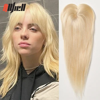 100% Remy Топер за човешка коса в копринена основа Топла блондинка 12 инча Топери за парчета човешка коса с бретон 3 клипове в топери за жени