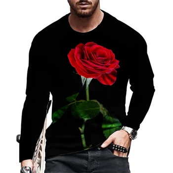 Пролетно мъжко облекло Свети Валентин роза модел тениска 3d отпечатани кръг врата спортни случайни бързо сушене дълъг ръкав празник