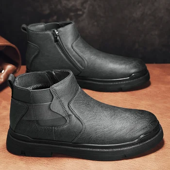 Мъжки ботуши ежедневни кожени обувки нов стил млада мода удобна улица класически цип трудно износващи дишащи мъже инструментална обувка