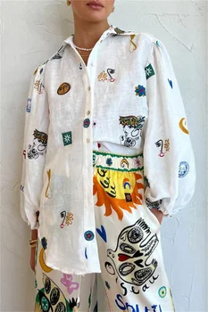 Дамски принт фенер ръкав риза есен случайни ревера еднореден графити върховете блуза 2023 мода женска риза