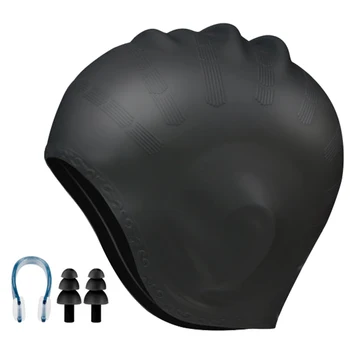 Тийнейджър Дръжте суха черна плувна шапка Деца водоустойчив силиконов дълъг косъм нос клип жени мъже удобни с 3D защита на ушите възрастен