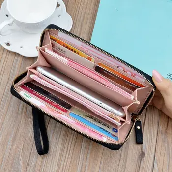 Дамски портфейл нов плътен цвят прост съединител жените тройно пъти дълъг цип голям капацитет мода телефон чанта карта чанта