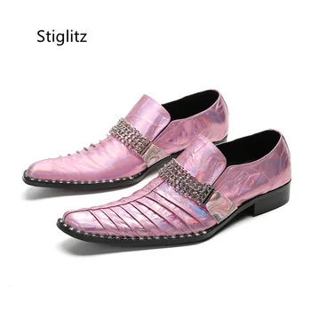 Метална катарама Мъжки кожени обувки Розова сребърна синя верига Ежедневни бизнес обувки за мъже Slip On Loafers Дишаща мъжка обувка